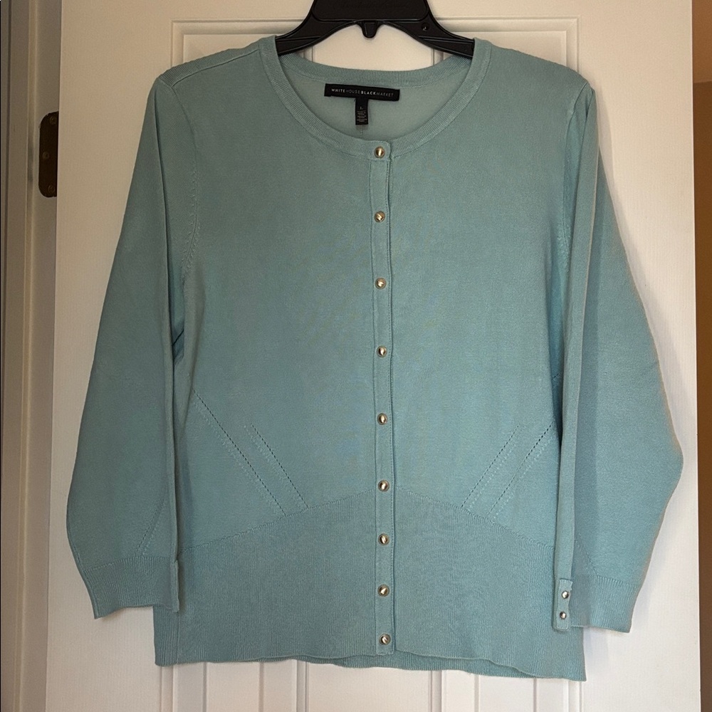 White House Black Market Teal Cardigan with Silver Buttons